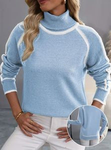 ELENA | WHITE PIPING TURTLENECK RAGLAN SWEATER