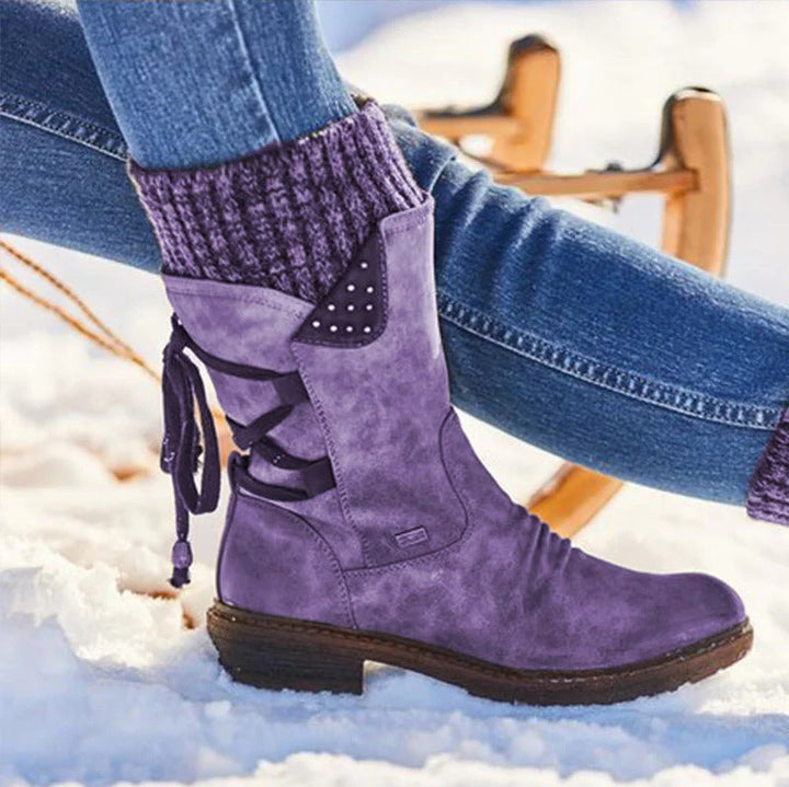 QUINN | KNIT CUFF LACE-UP MID-CALF BOOTS