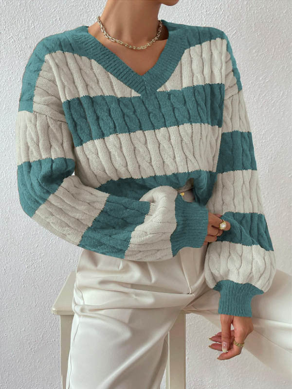 MARIN | STRIPED CABLE KNIT V-NECK BALLOON SLEEVE SWEATER