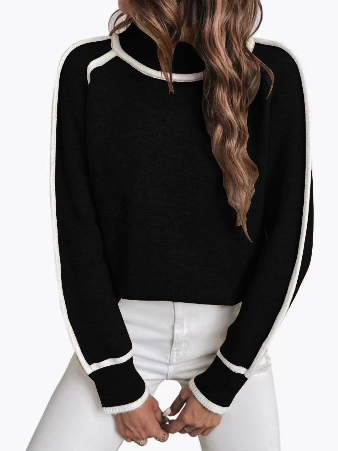 ELENA | WHITE PIPING TURTLENECK RAGLAN SWEATER