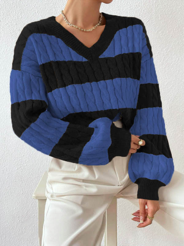 MARIN | STRIPED CABLE KNIT V-NECK BALLOON SLEEVE SWEATER