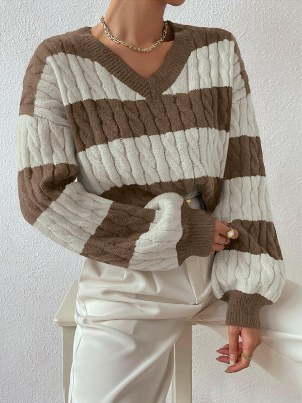 MARIN | STRIPED CABLE KNIT V-NECK BALLOON SLEEVE SWEATER