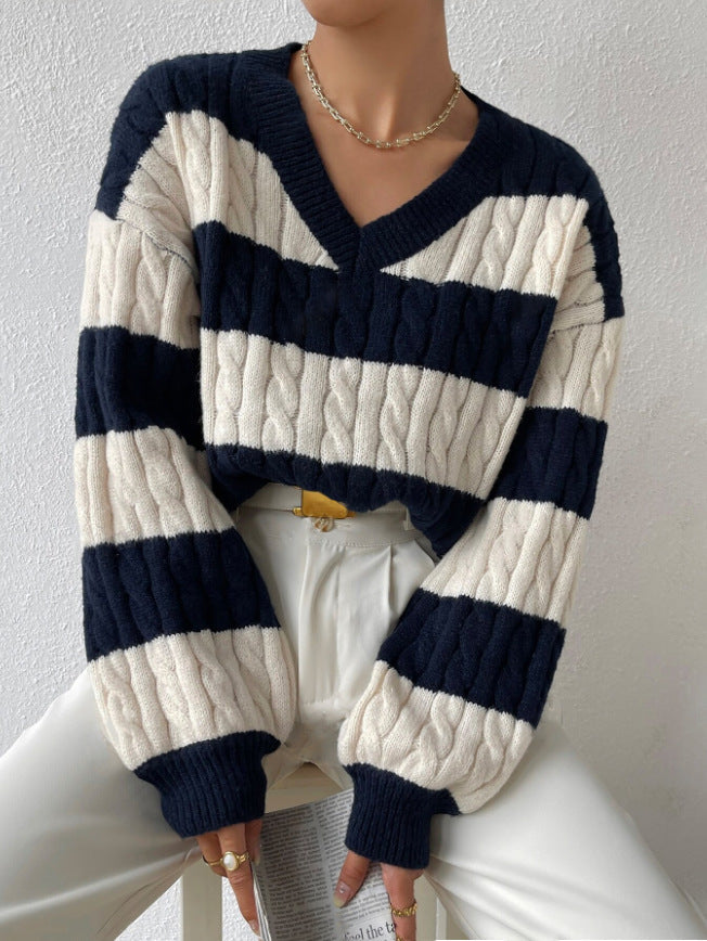 MARIN | STRIPED CABLE KNIT V-NECK BALLOON SLEEVE SWEATER