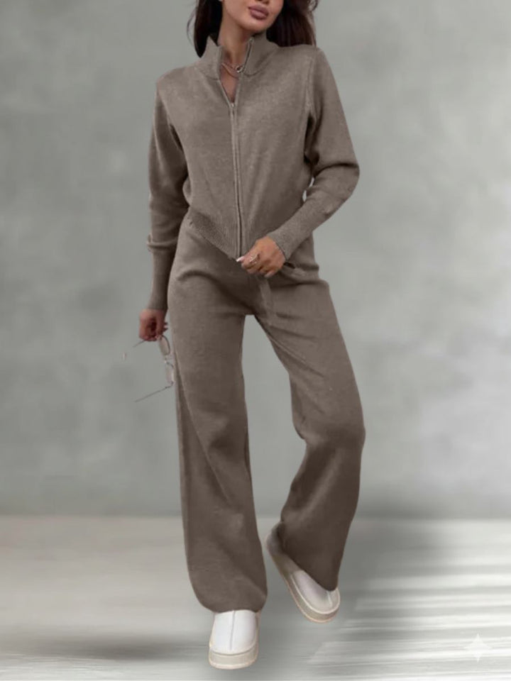 ISLA | KNIT 2 PIECE SET – DRAWSTRING WIDE LEG PANTS WITH ZIP JACKET TOP