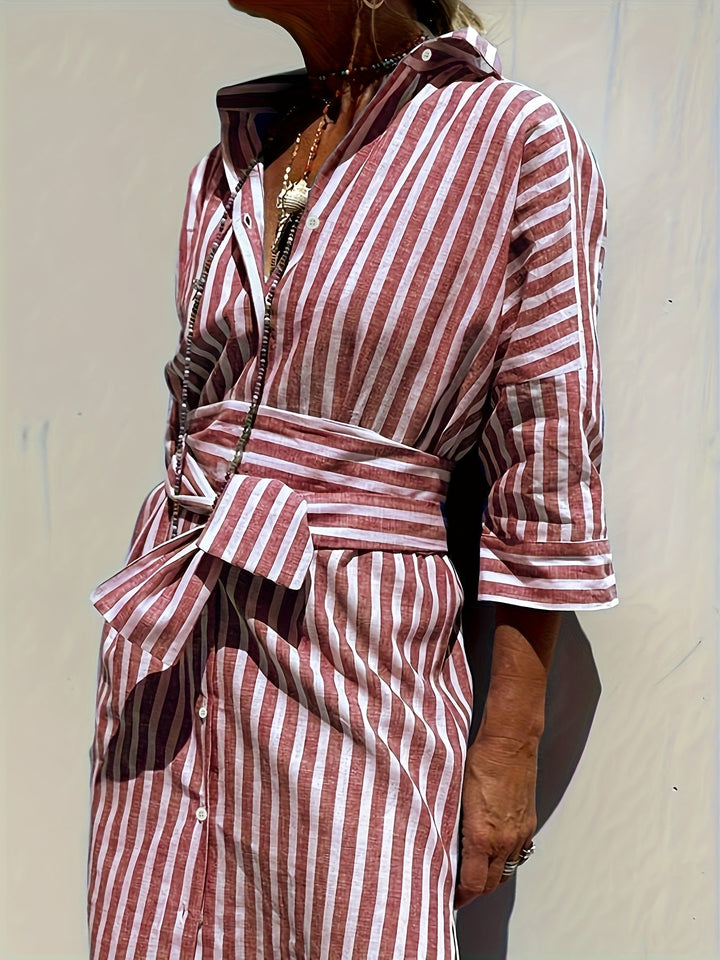 CHRISTINE | STRIPED PRINT DRESS WITH BUTTON CLOSURE AND BELT
