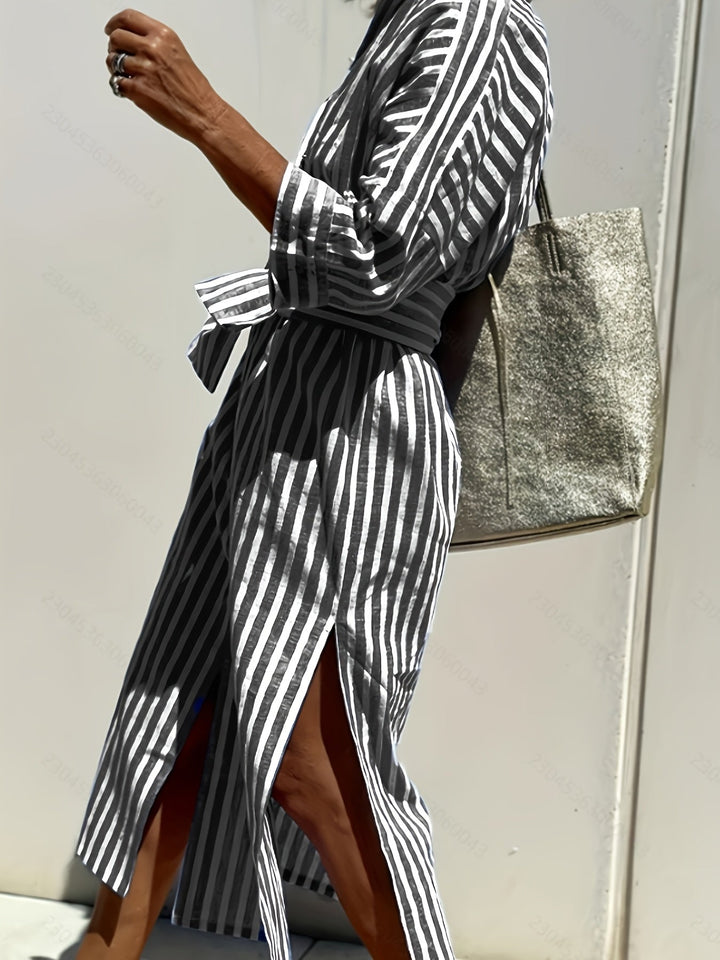 CHRISTINE | STRIPED PRINT DRESS WITH BUTTON CLOSURE AND BELT