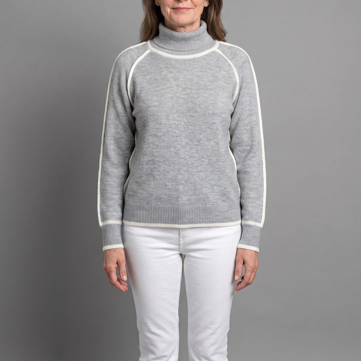 ELENA | WHITE PIPING TURTLENECK RAGLAN SWEATER