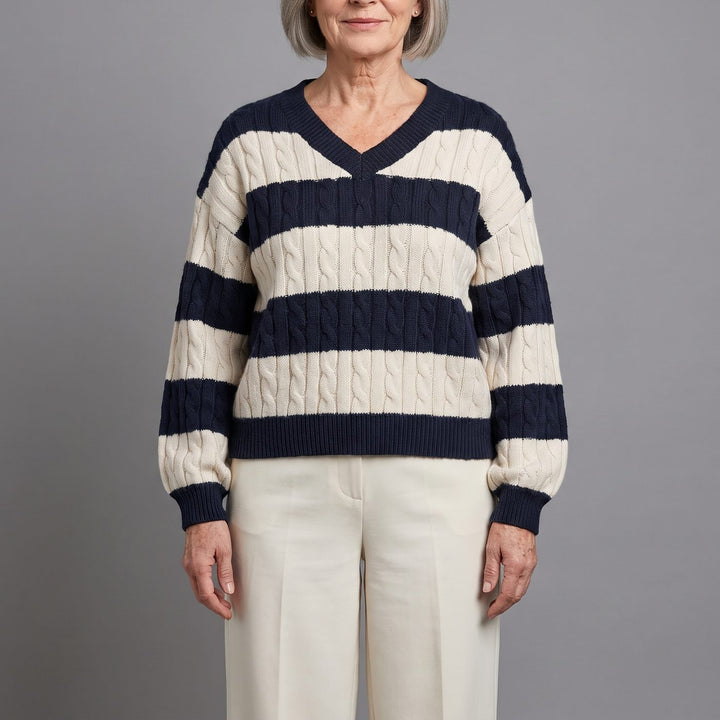 MARIN | STRIPED CABLE KNIT V-NECK BALLOON SLEEVE SWEATER