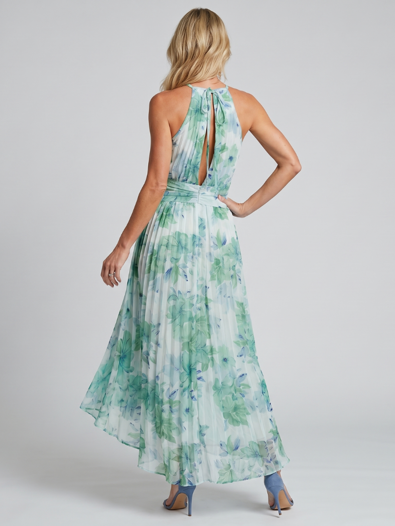 PORTIA | PLEATED HALTER SOFT FLORAL PATTERN MIDI DRESS