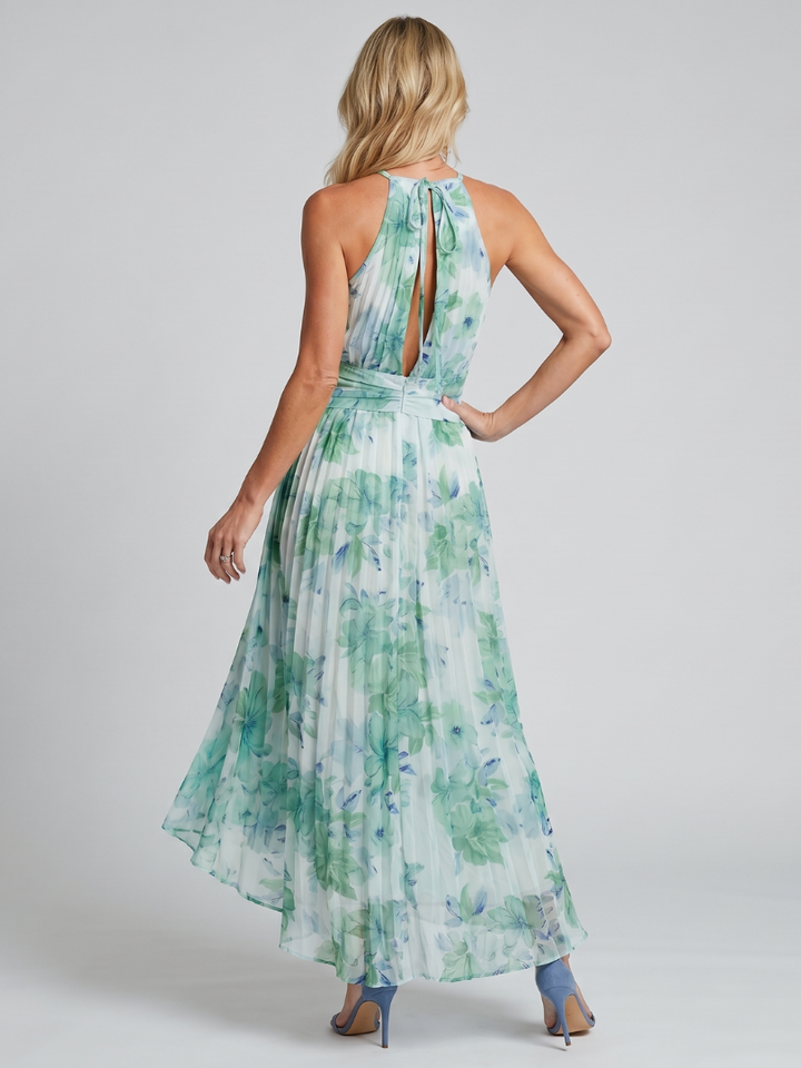 PORTIA | PLEATED HALTER SOFT FLORAL PATTERN MIDI DRESS