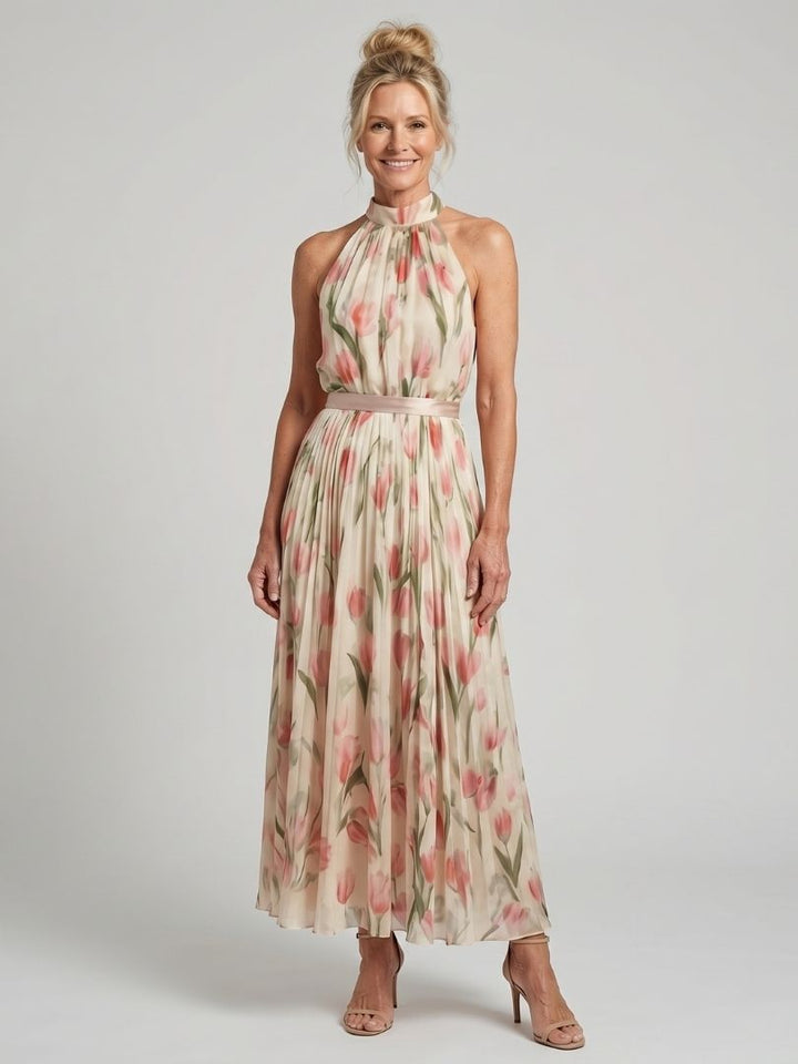 AURELLE | HALTER NECK FLORAL MIDI DRESS