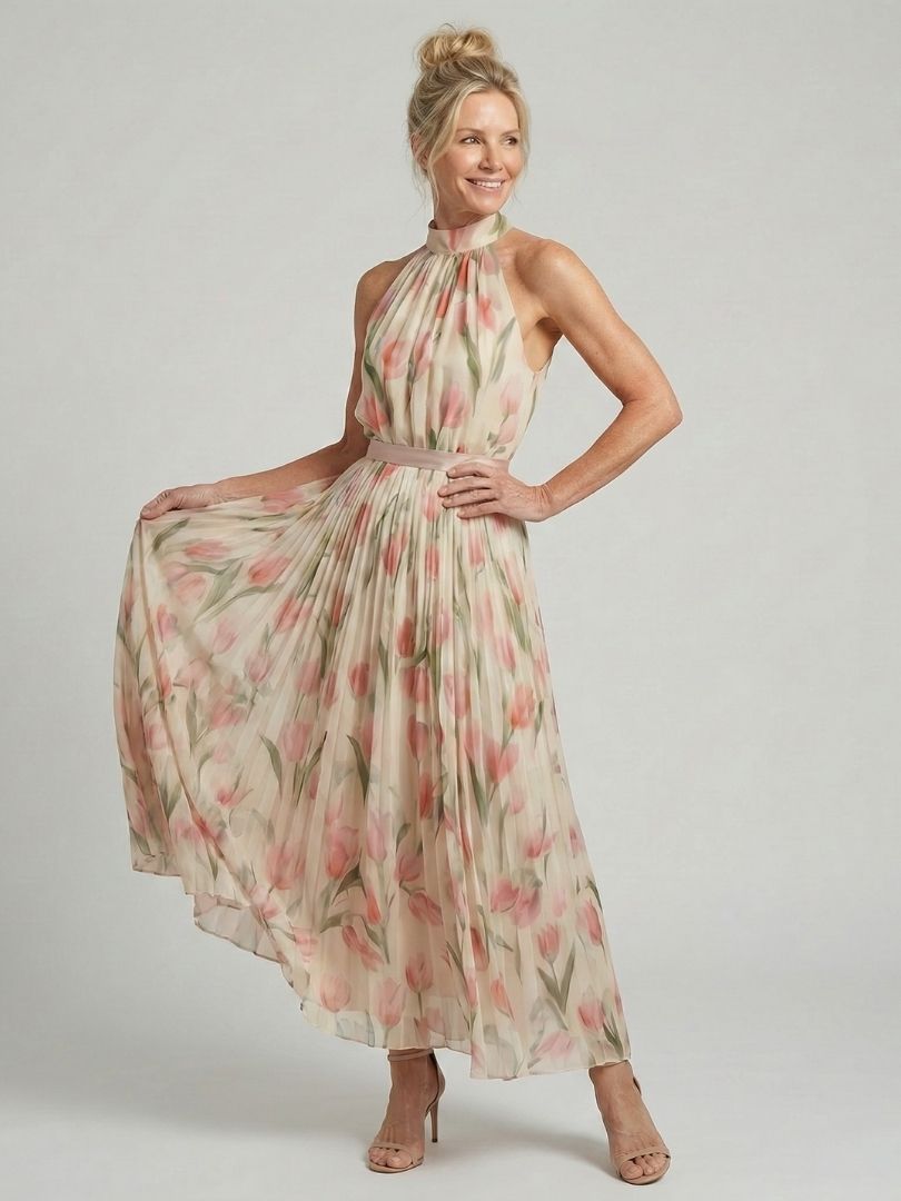 AURELLE | HALTER NECK FLORAL MIDI DRESS
