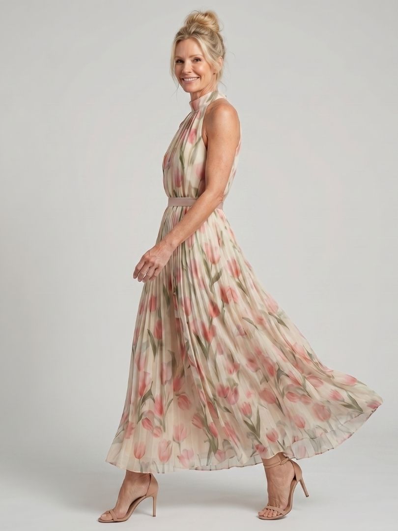 AURELLE | HALTER NECK FLORAL MIDI DRESS