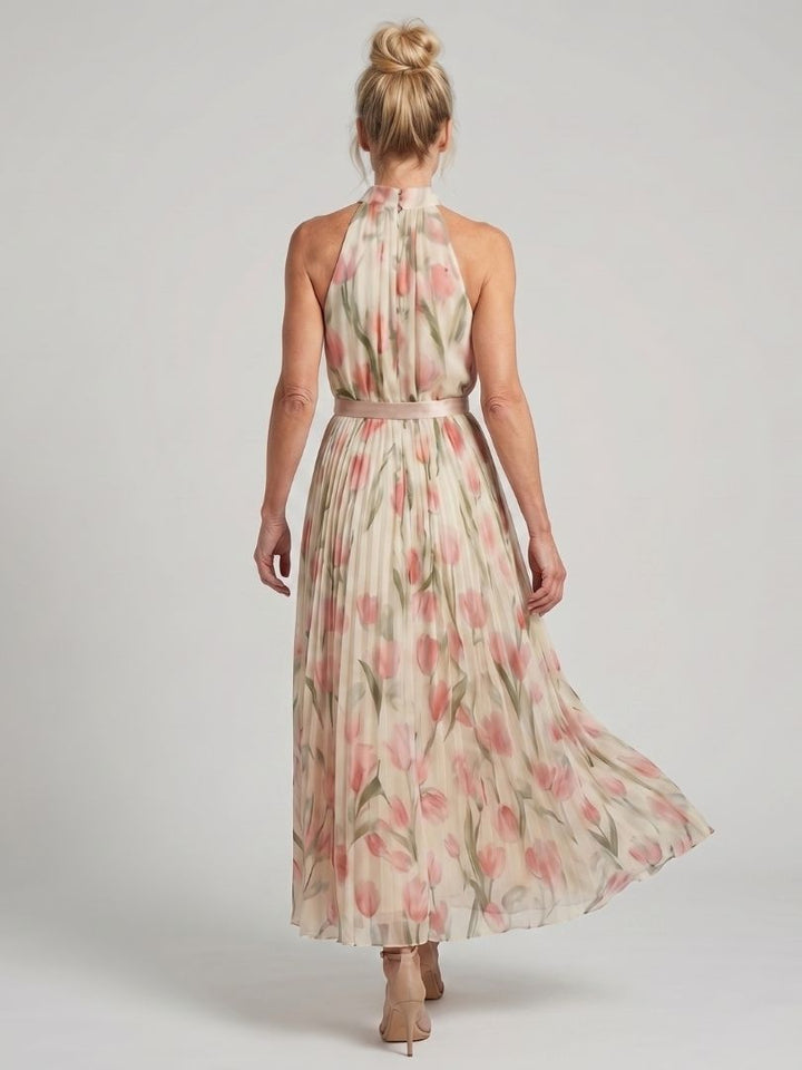 AURELLE | HALTER NECK FLORAL MIDI DRESS