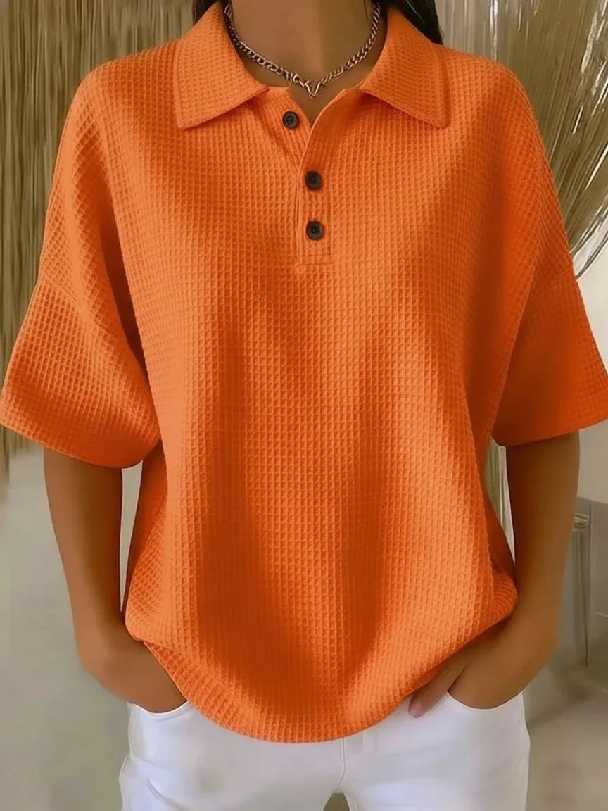 CORINNE | COMFORTABLE WAFFLE POLO BLOUSE