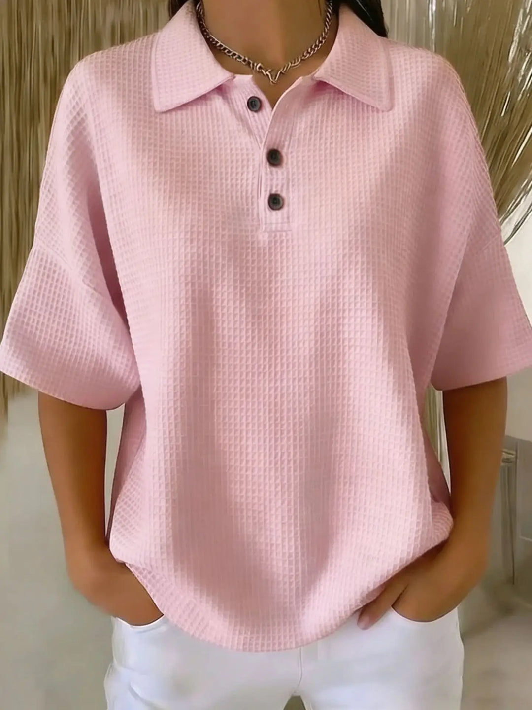 CORINNE | COMFORTABLE WAFFLE POLO BLOUSE