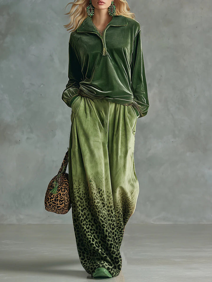 HOLLY | RETRO GREEN VELVET TOP AND LEOPARD PRINT WIDE LEG PANTS SET