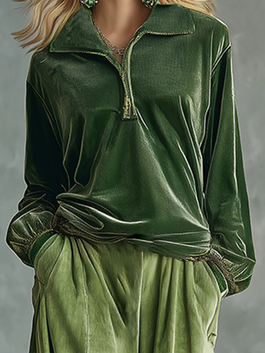 HOLLY | RETRO GREEN VELVET TOP AND LEOPARD PRINT WIDE LEG PANTS SET