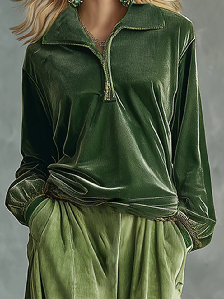 HOLLY | RETRO GREEN VELVET TOP AND LEOPARD PRINT WIDE LEG PANTS SET