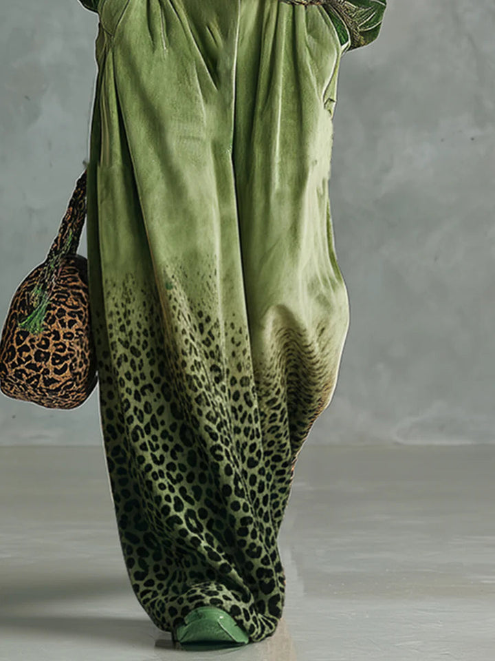 HOLLY | RETRO GREEN VELVET TOP AND LEOPARD PRINT WIDE LEG PANTS SET