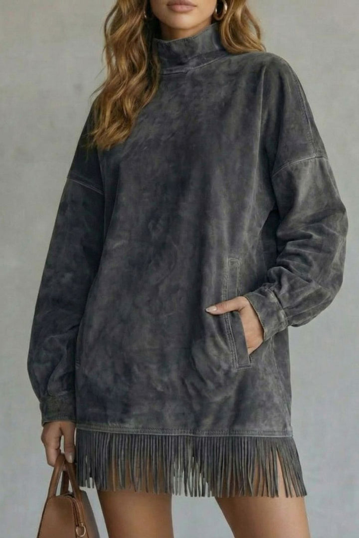 VIRETTA | SUEDE FRINGE DETAIL – TURTLENECK MINI DRESS