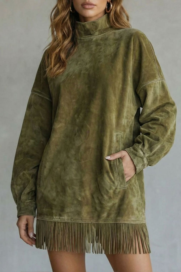 VIRETTA | SUEDE FRINGE DETAIL – TURTLENECK MINI DRESS