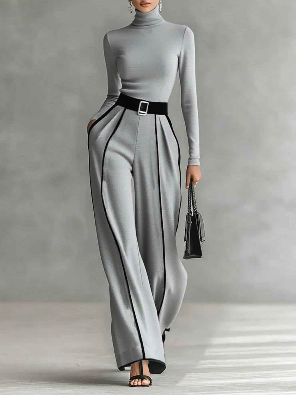 SOPHIE | WHITE TRIM HIGH NECK TOP AND WIDE LEG PANTS SET
