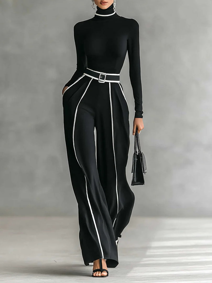 SOPHIE | WHITE TRIM HIGH NECK TOP AND WIDE LEG PANTS SET