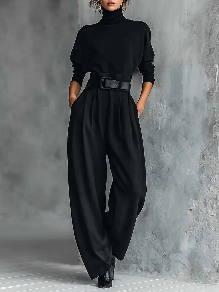 ISLA | ALL BLACK TURTLENECK TOP AND STRAIGHT LEG PANTS SET