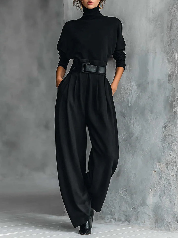 ISLA | ALL BLACK TURTLENECK TOP AND STRAIGHT LEG PANTS SET