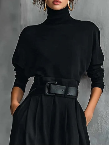ISLA | ALL BLACK TURTLENECK TOP AND STRAIGHT LEG PANTS SET