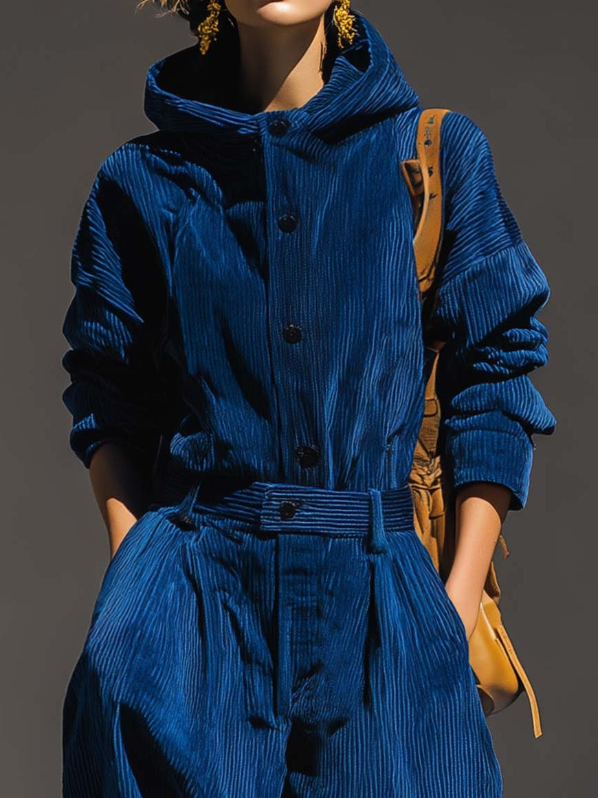 EMILY | BLUE CORDUROY HOODED TOP AND WIDE LEG PANTS SET