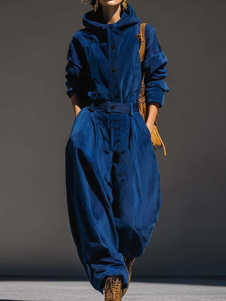 EMILY | BLUE CORDUROY HOODED TOP AND WIDE LEG PANTS SET