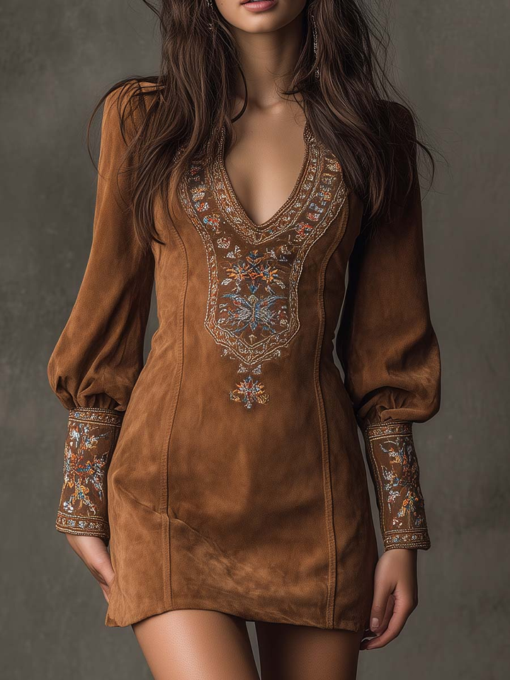BEATRICE | VINTAGE BROWN SUEDE-STYLE MINI DRESS WITH V-NECK AND EMBROIDERY