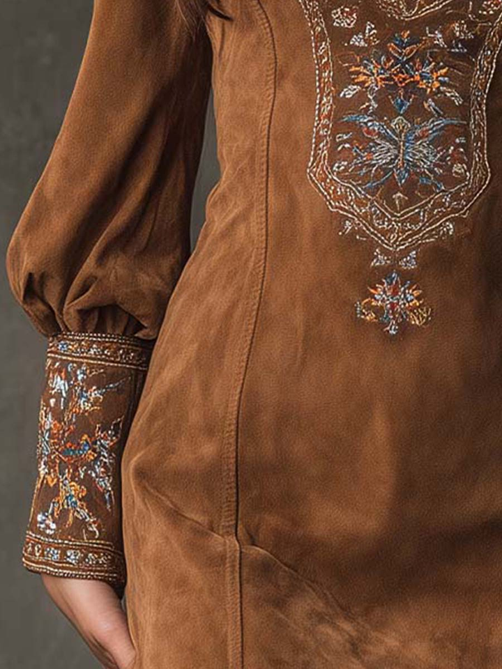 BEATRICE | VINTAGE BROWN SUEDE-STYLE MINI DRESS WITH V-NECK AND EMBROIDERY