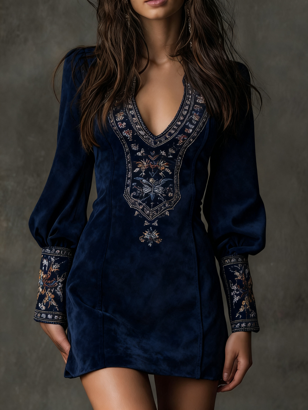 BEATRICE | VINTAGE BROWN SUEDE-STYLE MINI DRESS WITH V-NECK AND EMBROIDERY