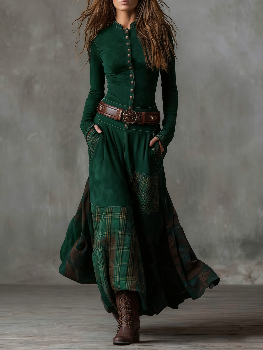 ANNALISE | BUTTONED PLAID MAXI DRESS