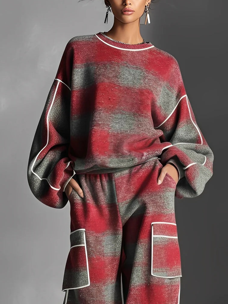 LILY | RED AND GREY PLAID COLOUR BLOCK SWEATSHIRT AND CASUAL PANTS SET