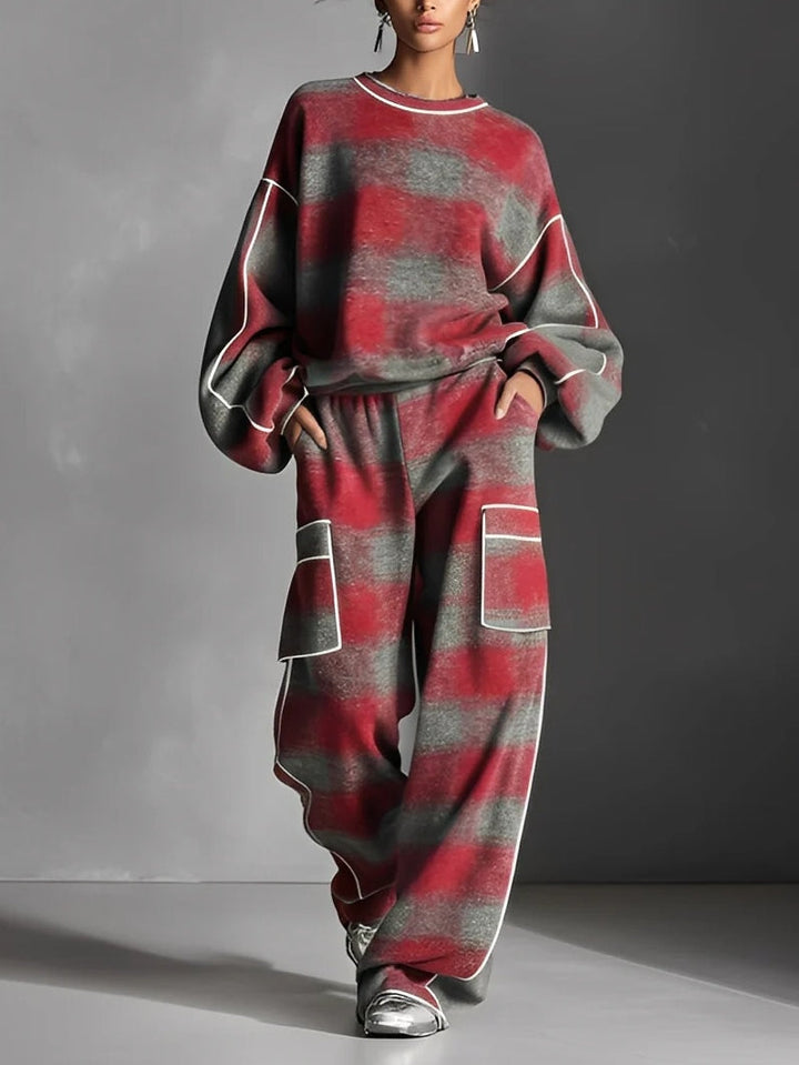 LILY | RED AND GREY PLAID COLOUR BLOCK SWEATSHIRT AND CASUAL PANTS SET