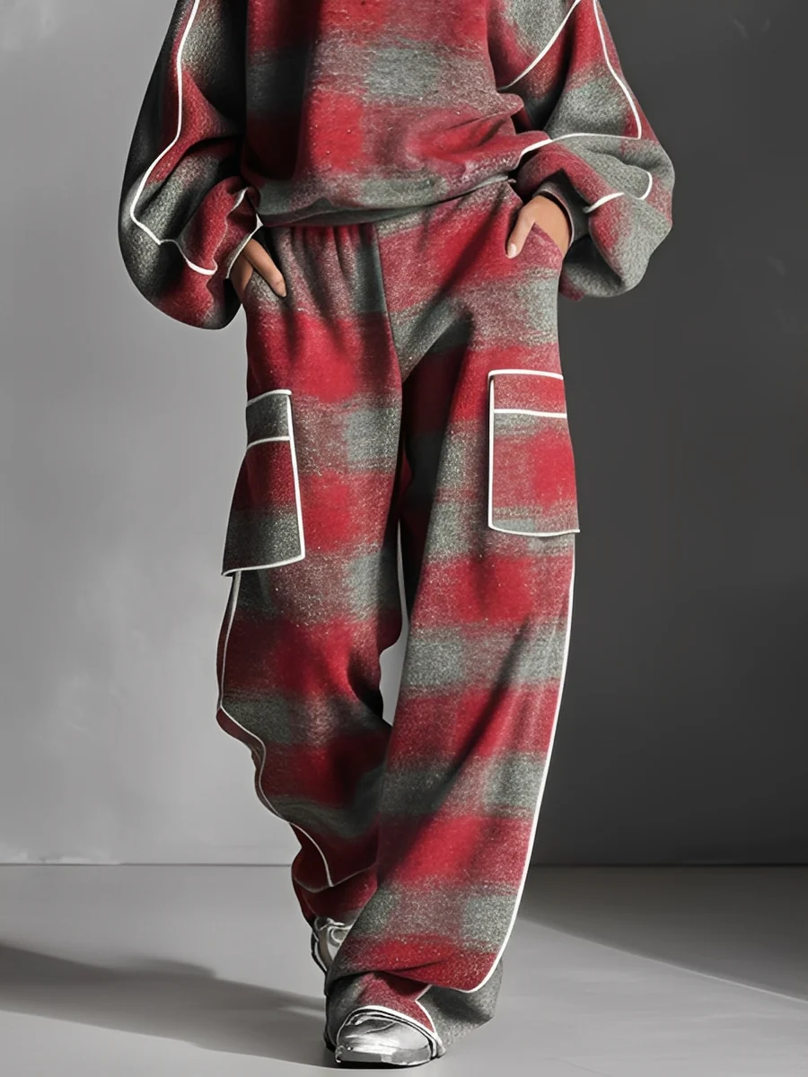 LILY | RED AND GREY PLAID COLOUR BLOCK SWEATSHIRT AND CASUAL PANTS SET