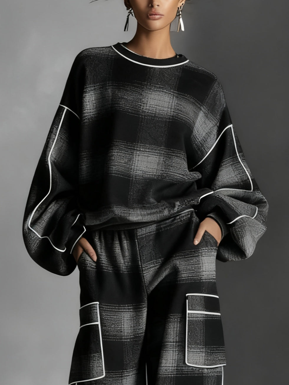 CHARLOTTE | BLACK AND GREY PLAID COLOUR BLOCK SWEATSHIRT AND CASUAL PANTS SET