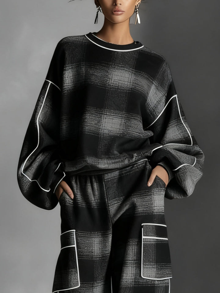 CHARLOTTE | BLACK AND GREY PLAID COLOUR BLOCK SWEATSHIRT AND CASUAL PANTS SET