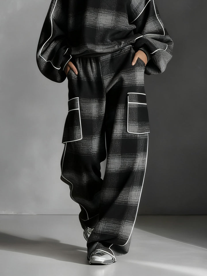 CHARLOTTE | BLACK AND GREY PLAID COLOUR BLOCK SWEATSHIRT AND CASUAL PANTS SET