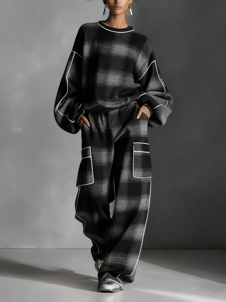 CHARLOTTE | BLACK AND GREY PLAID COLOUR BLOCK SWEATSHIRT AND CASUAL PANTS SET