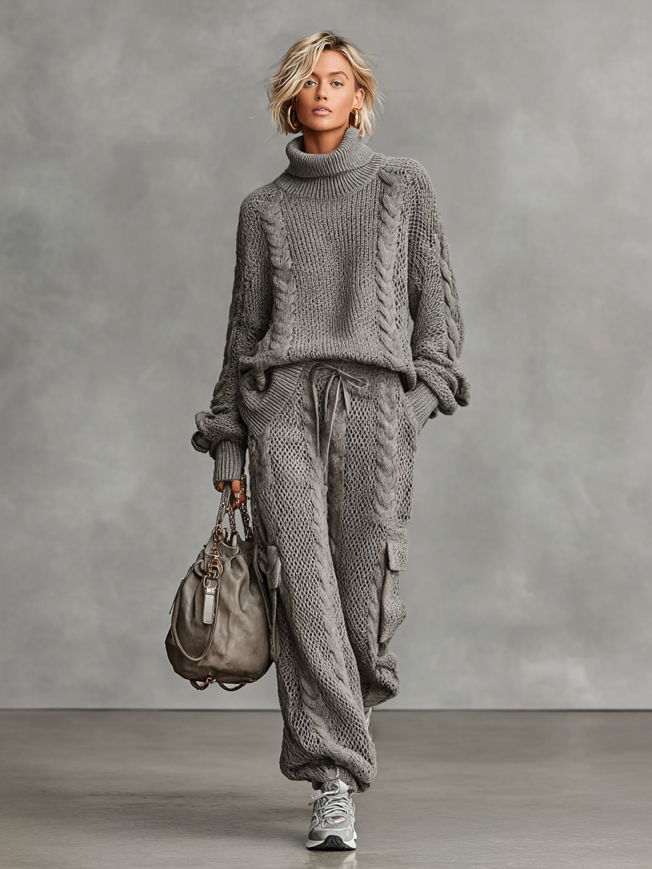SOPHIE | CASUAL CABLE KNIT TURTLENECK SWEATER AND CARGO PANTS SET