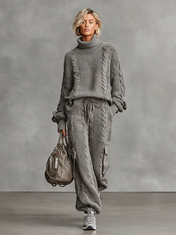 SOPHIE | CASUAL CABLE KNIT TURTLENECK SWEATER AND CARGO PANTS SET