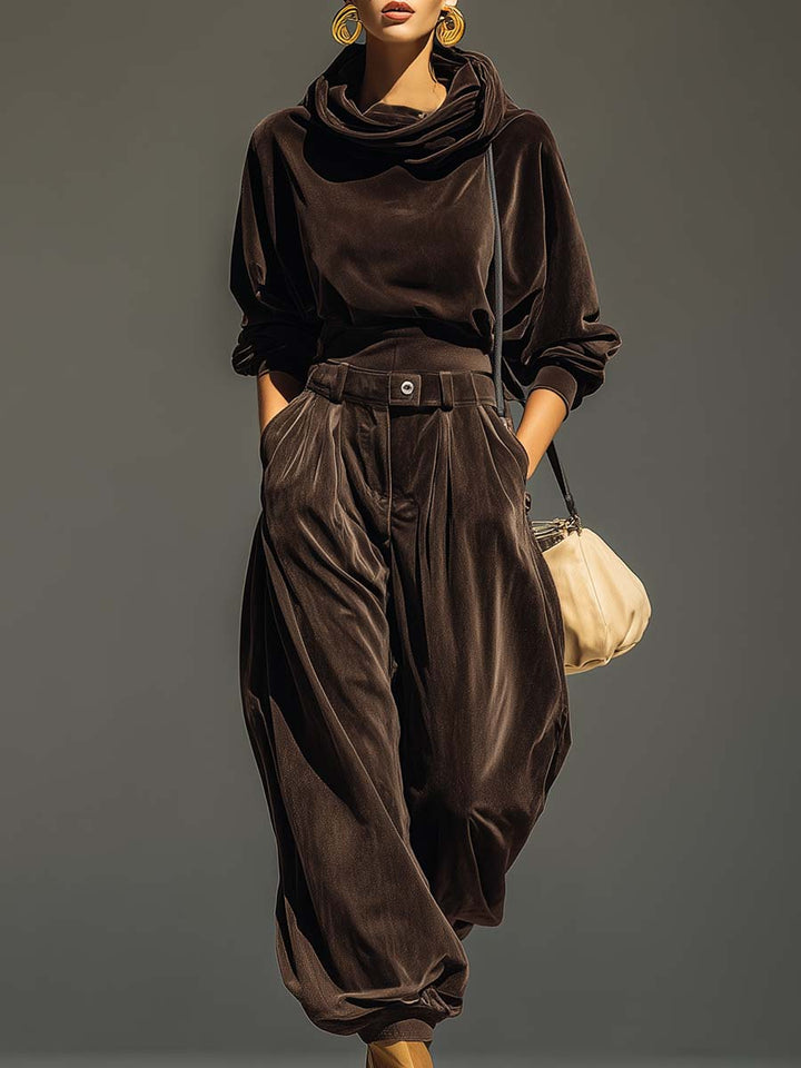 FREYA | VINTAGE BROWN VELVET HOODIE AND LOOSE FITTING TROUSERS SET