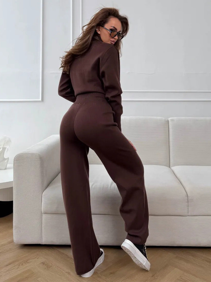 ISLA | KNIT 2 PIECE SET – DRAWSTRING WIDE LEG PANTS WITH ZIP JACKET TOP