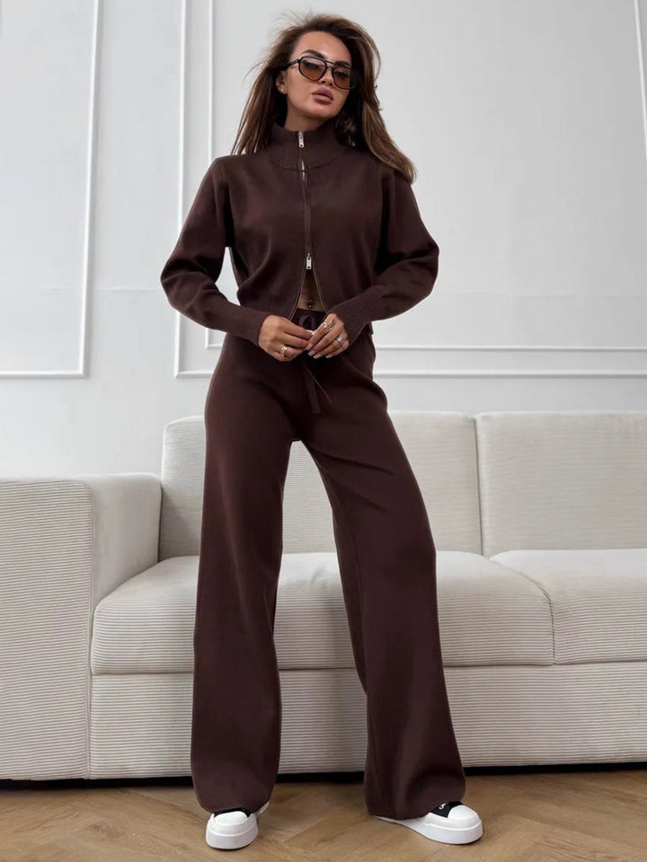 ISLA | KNIT 2 PIECE SET – DRAWSTRING WIDE LEG PANTS WITH ZIP JACKET TOP