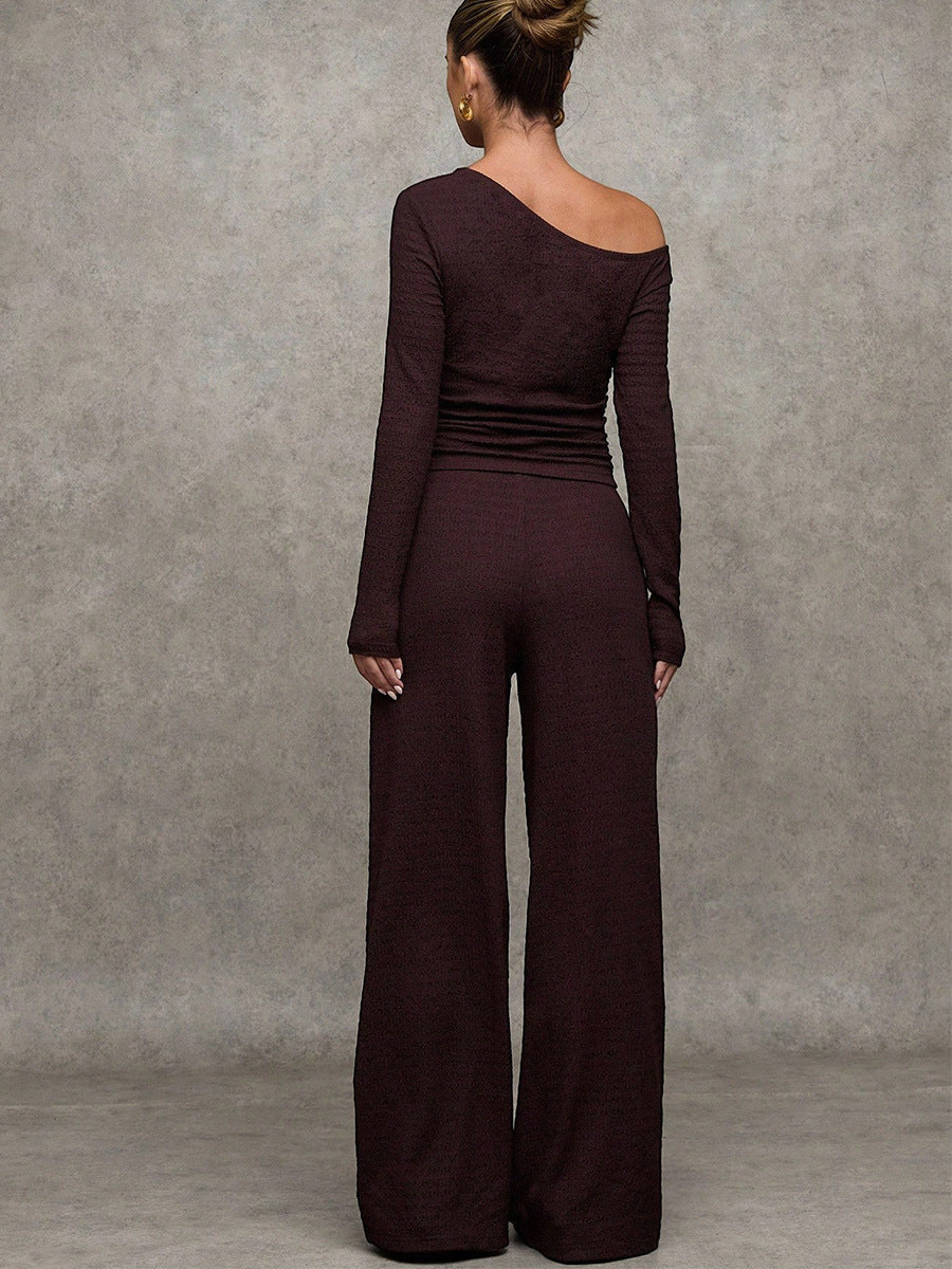 AMELIA | BROWN OFF SHOULDER KNIT TOP AND WIDE LEG PANTS SET
